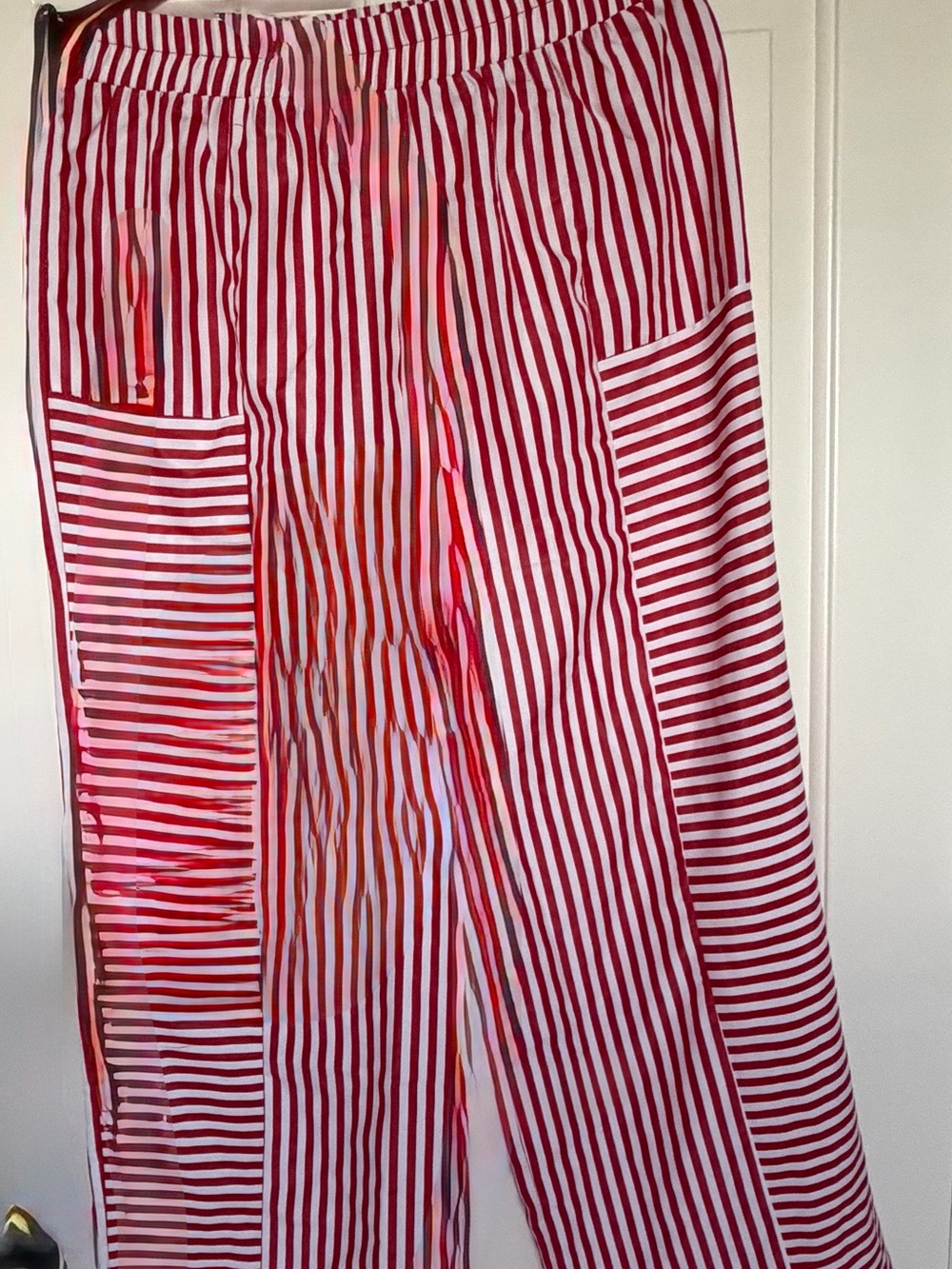 Red and White Striped Wide-Leg Pants